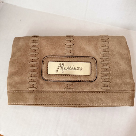 Marciano Handbags - Marciano Angelique Tan‎ Leather Foldover Clutch Bag Gold Logo Accent